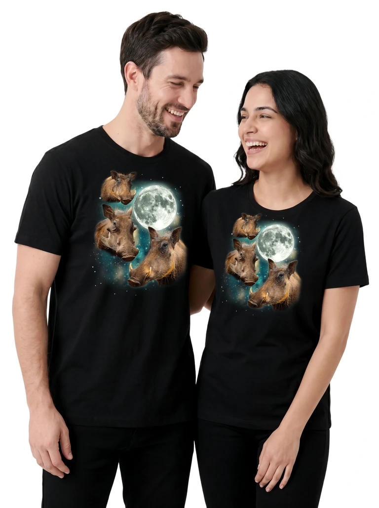 Couple wearing the Three Warthog Moon cosmic t-shirt - MagicMoon moon-channeled design