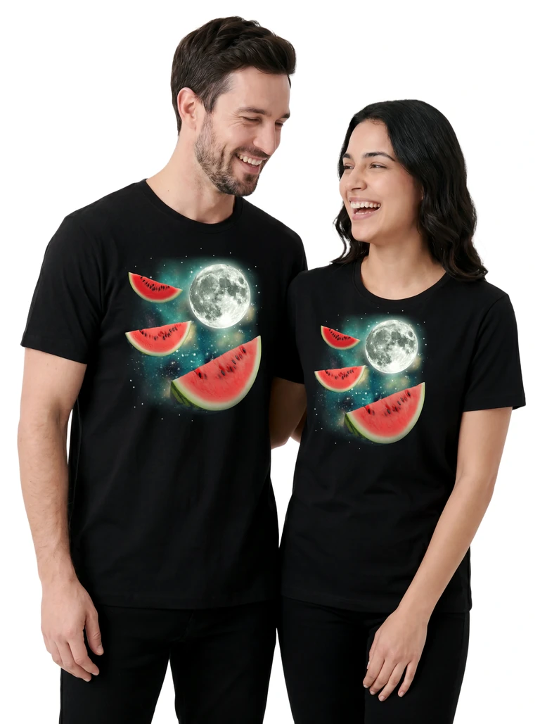 Couple wearing the Three Watermelon Moon cosmic t-shirt - MagicMoon moon-channeled design