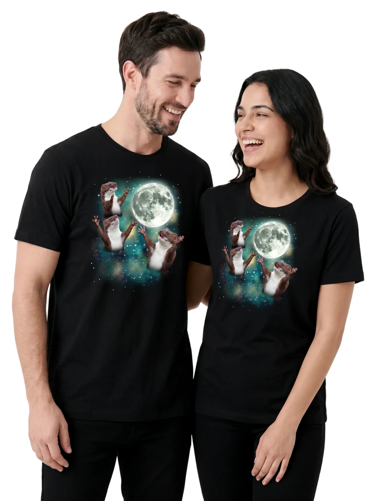 Couple wearing the Three Weasel Moon cosmic t-shirt - MagicMoon moon-channeled design
