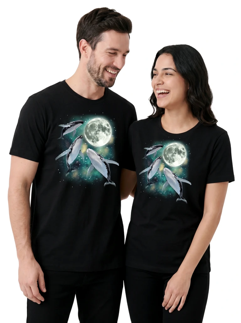 Couple wearing the Three Whale Moon cosmic t-shirt - MagicMoon moon-channeled design