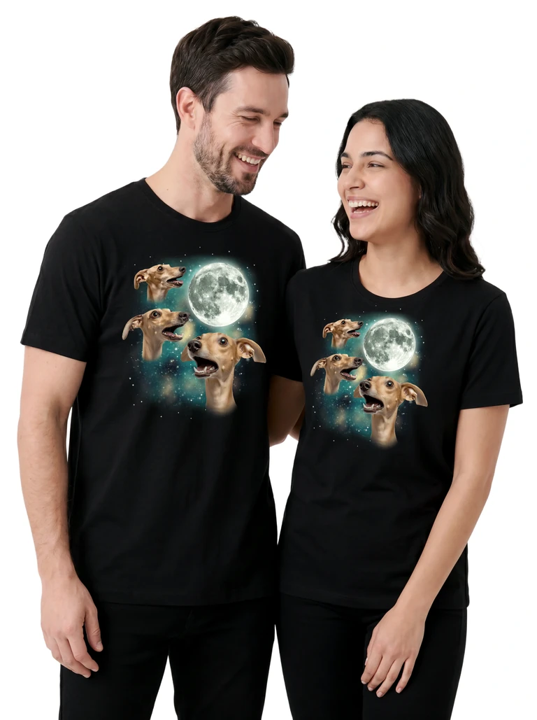 Couple wearing the Three Whippet Moon cosmic t-shirt - MagicMoon moon-channeled design