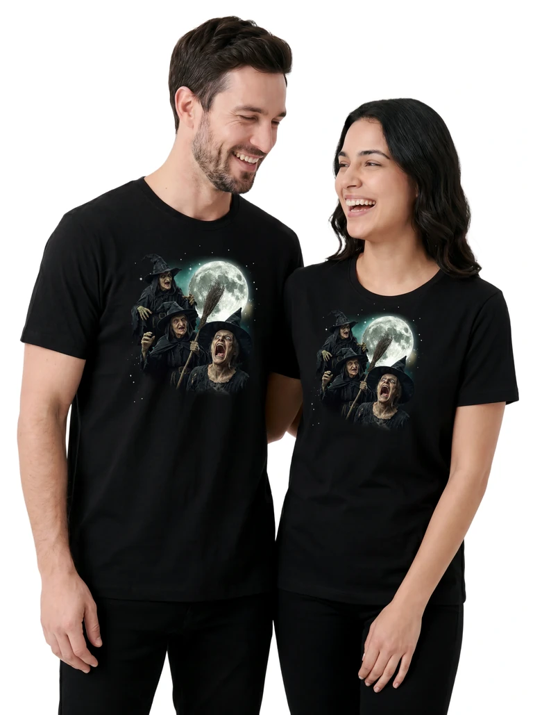 Couple wearing the Three Witch Moon cosmic t-shirt - MagicMoon moon-channeled design