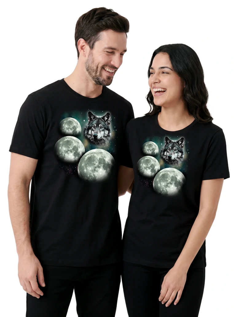 Couple wearing the Three Wolf Moon cosmic t-shirt - MagicMoon moon-channeled design