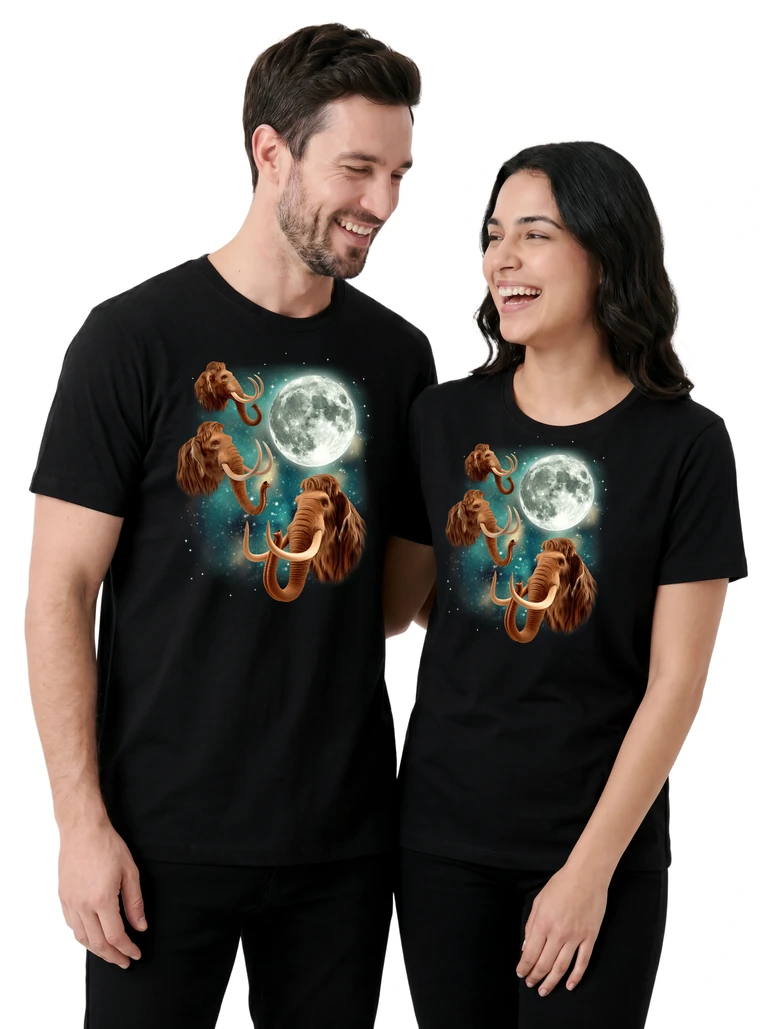 Couple wearing the Three Woolly Mammoth Moon cosmic t-shirt - MagicMoon moon-channeled design