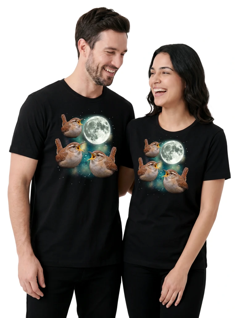 Couple wearing the Three Wren Moon cosmic t-shirt - MagicMoon moon-channeled design