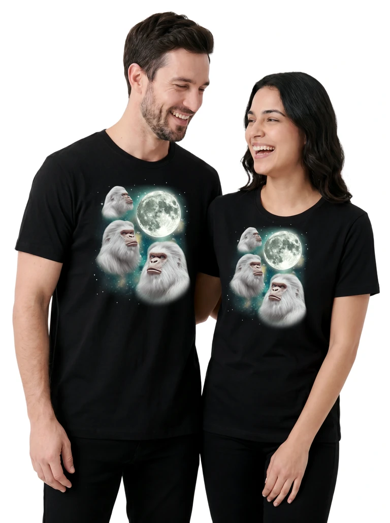 Couple wearing the Three Yeti Moon cosmic t-shirt - MagicMoon moon-channeled design