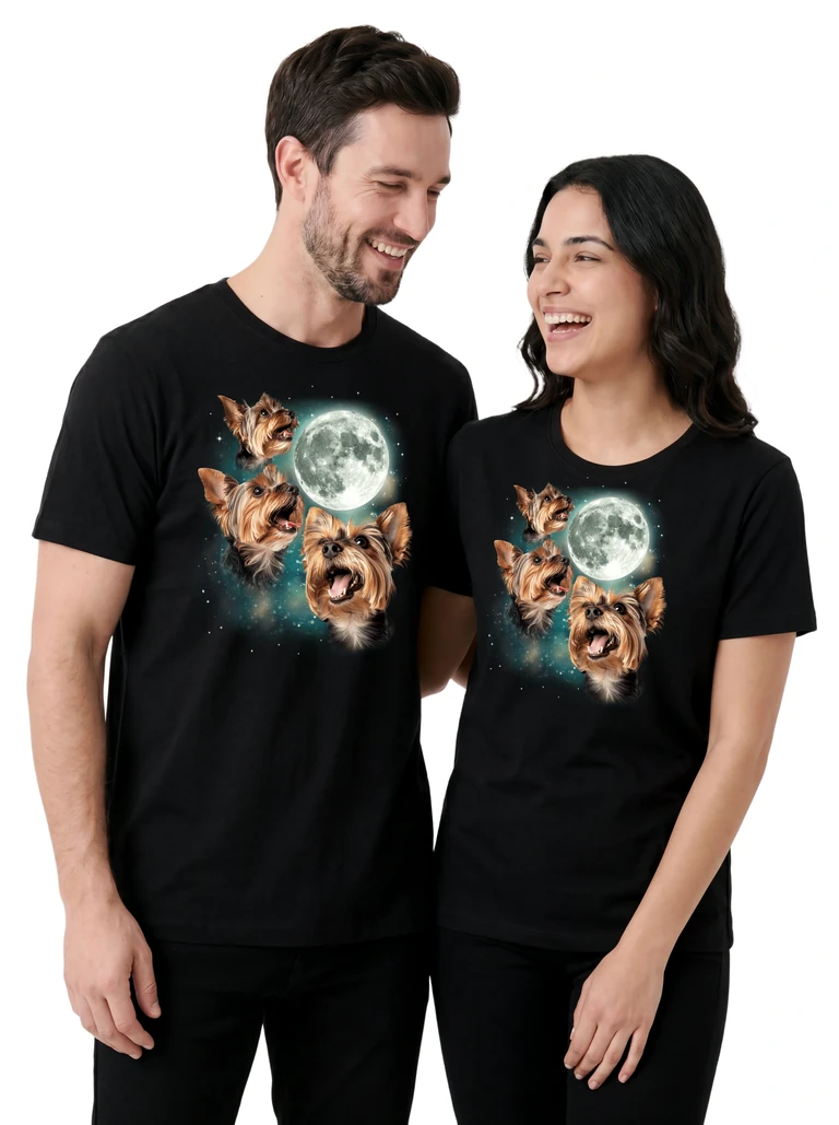 Couple wearing the Three Yorkshire Terrier Moon cosmic t-shirt - MagicMoon moon-channeled design