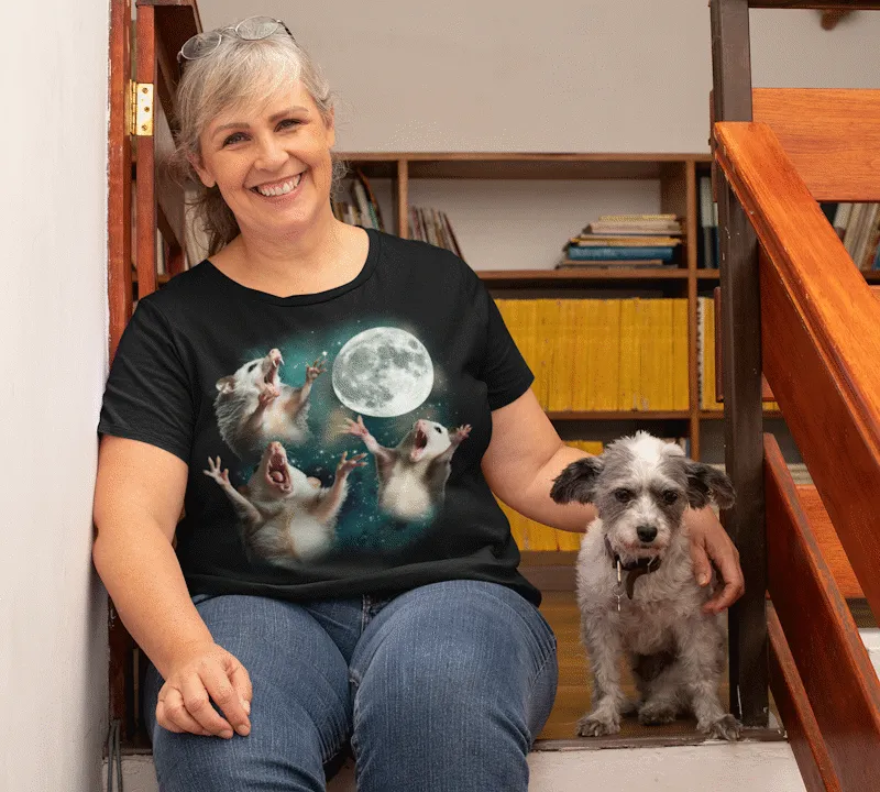 A MagicMoon customer wearing the Three Possum Moon with her dog