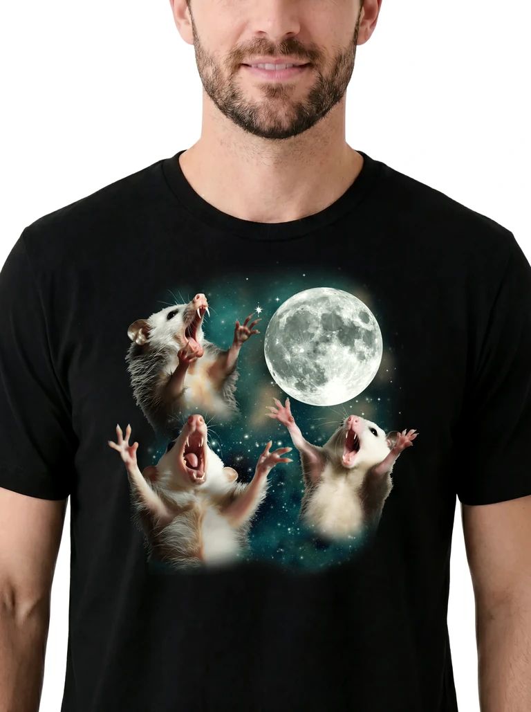 Three Opossum Moon t-shirt close-up on model